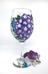 Hand Painted Hydrangea Wine Glasses in Blue and Lavender (Single Glass)