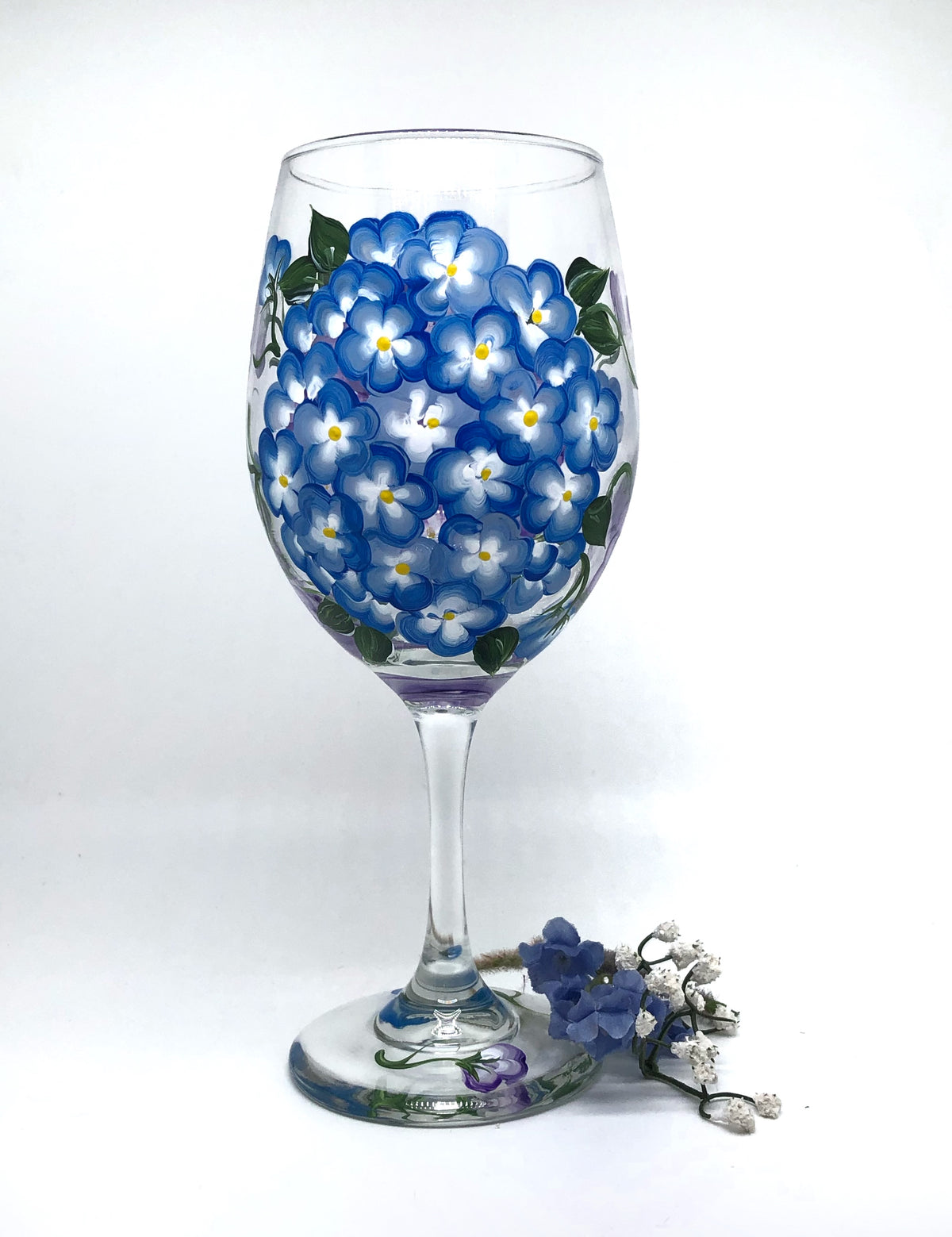 Hand Painted Hydrangea Wine Glasses in Blue and Lavender (Single Glass)