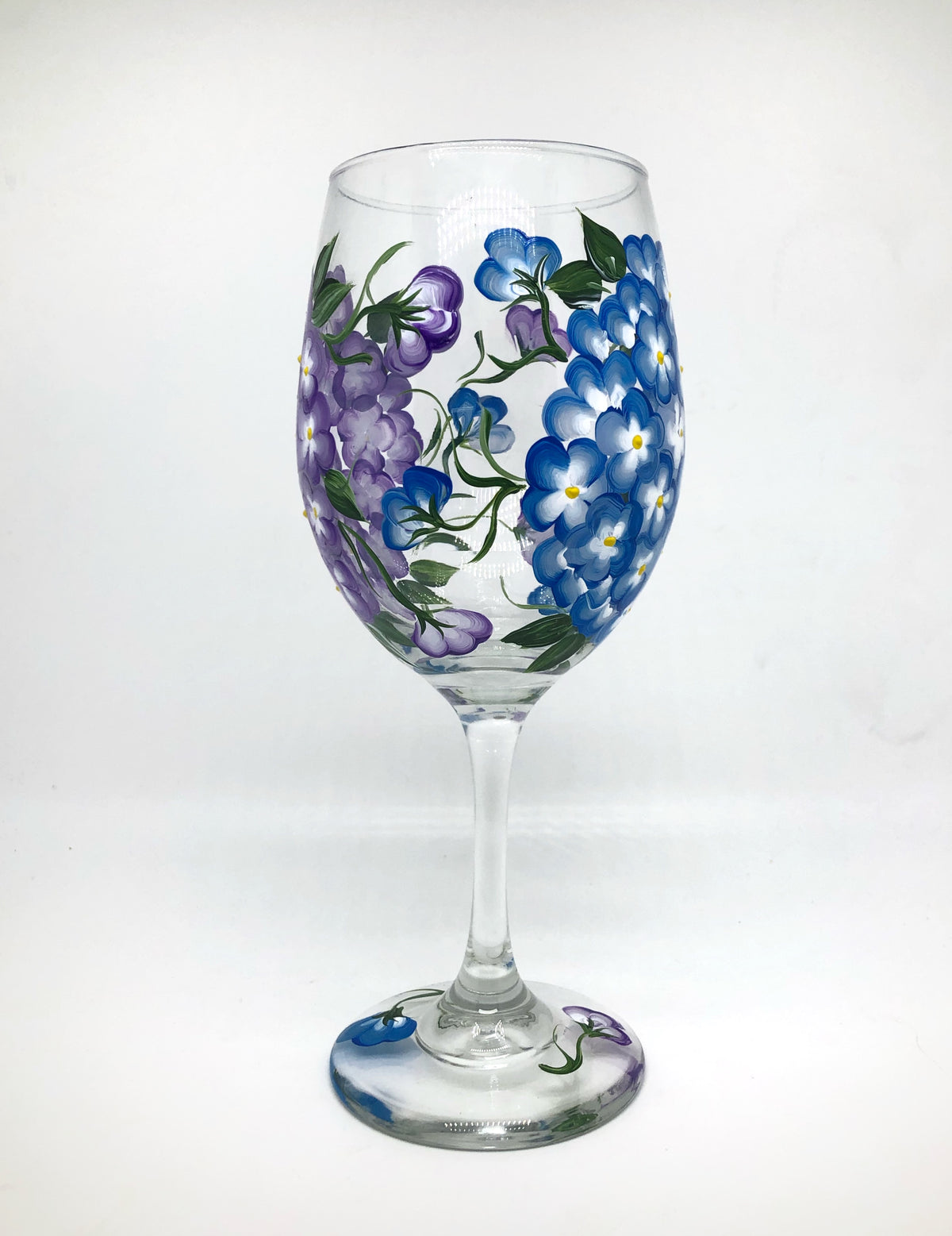 Hand Painted Hydrangea Wine Glasses in Blue and Lavender (Single Glass)
