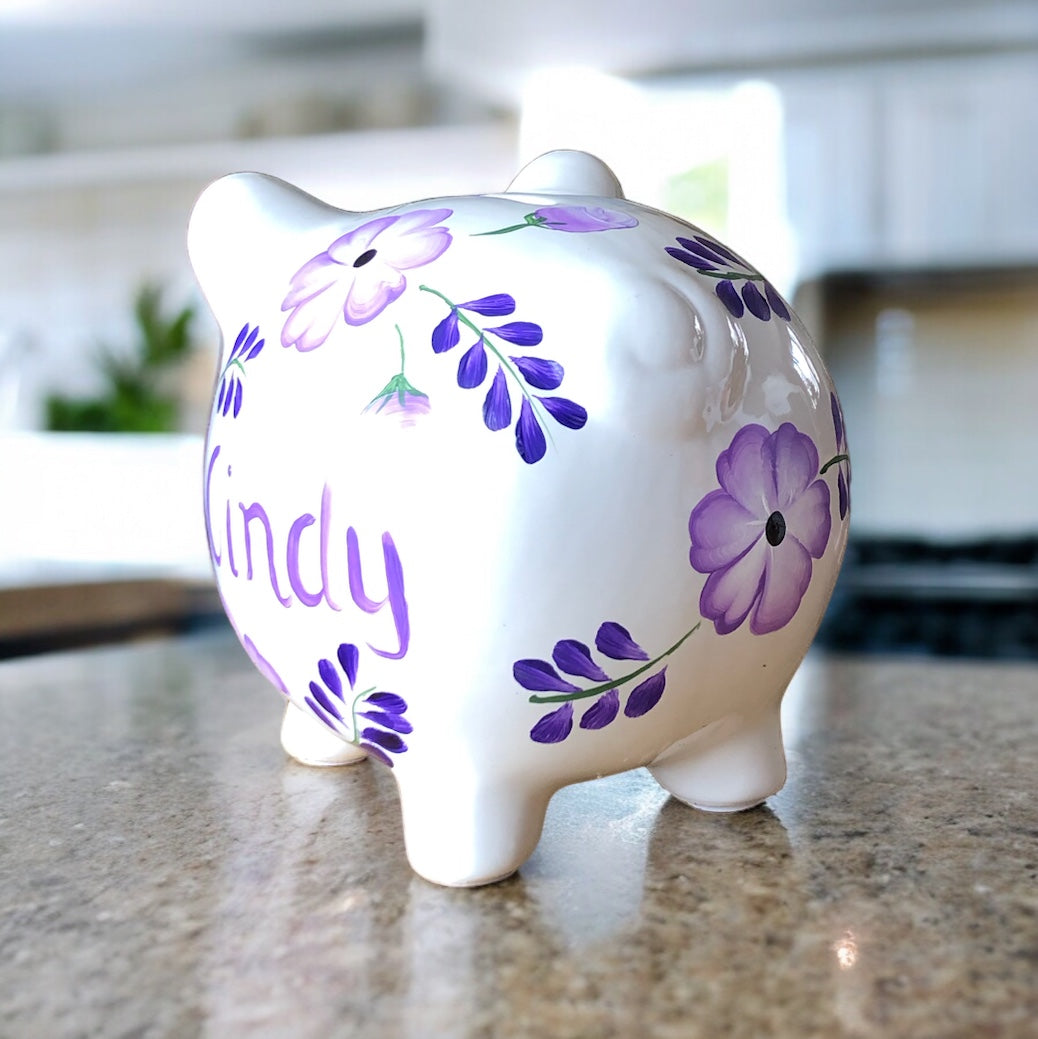 Personalized Lavender Floral Piggy Bank