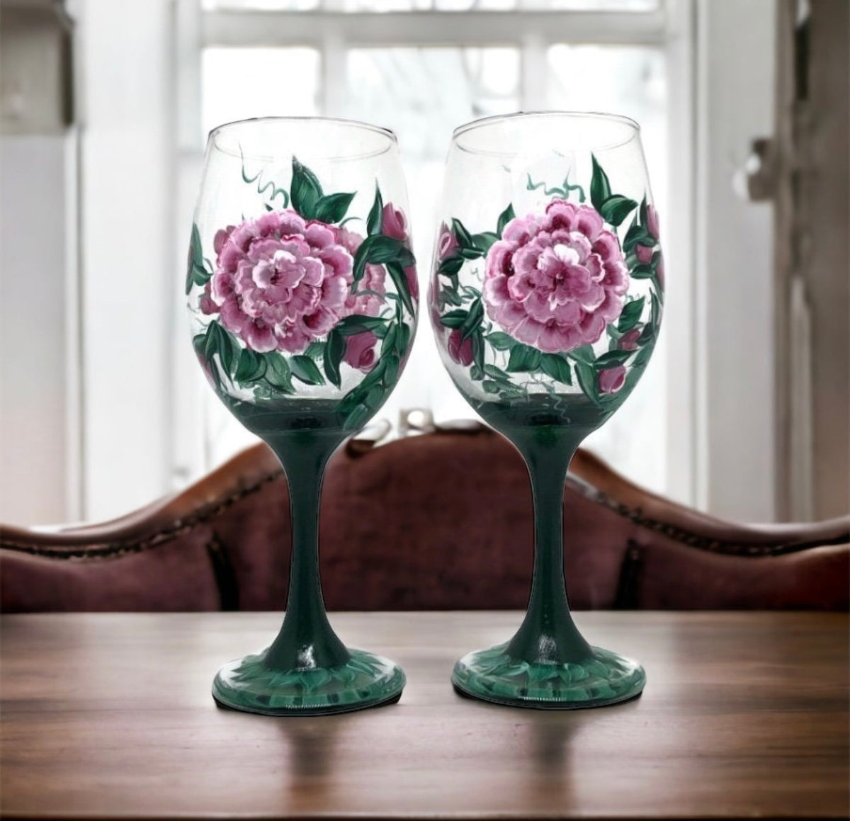 Hand Painted Pink Cabbage Rose Wine Glasses (Set of 2)