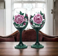 Hand Painted Pink Cabbage Rose Wine Glasses (Set of 2)