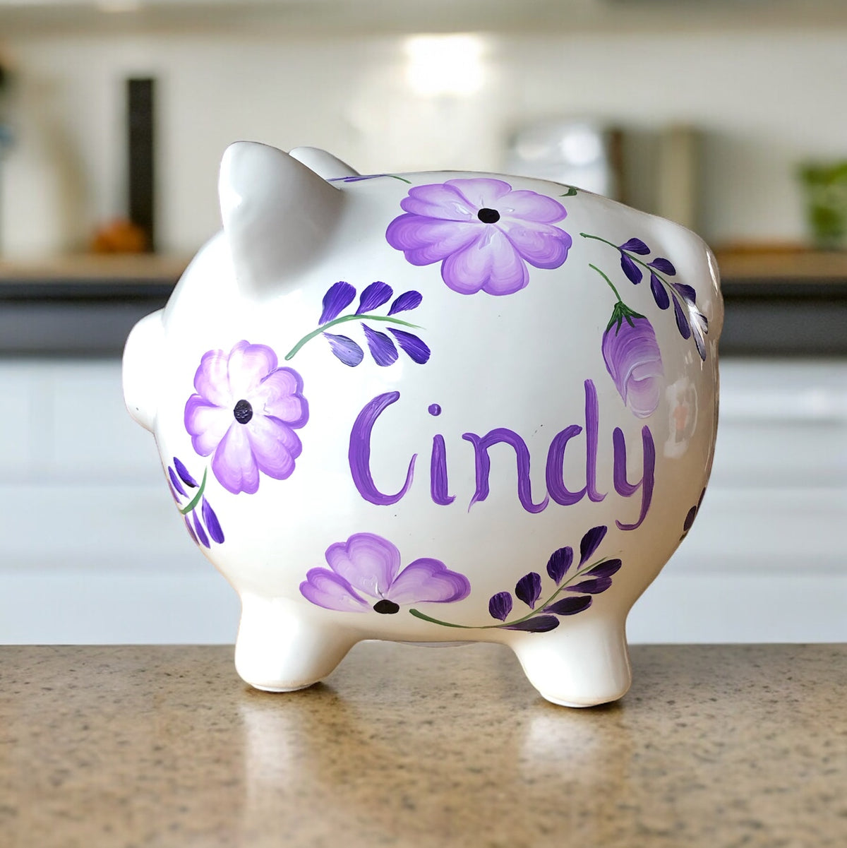 Personalized Lavender Floral Piggy Bank