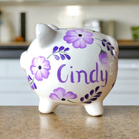 Personalized Lavender Floral Piggy Bank