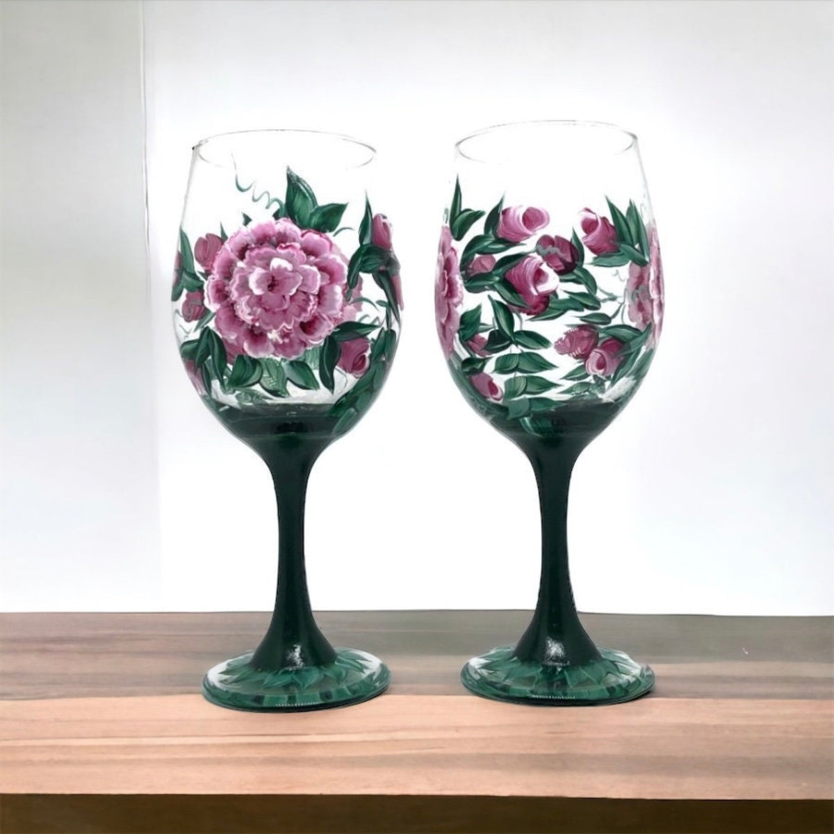 Hand Painted Pink Cabbage Rose Wine Glasses (Set of 2)