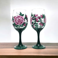 Hand Painted Pink Cabbage Rose Wine Glasses (Set of 2)