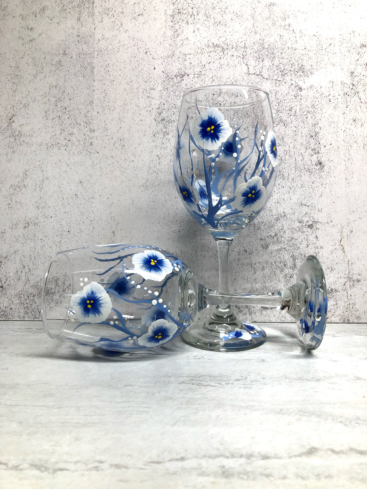 Hand Painted Wine Glasses - Blue and White Flowers (Set of 2)