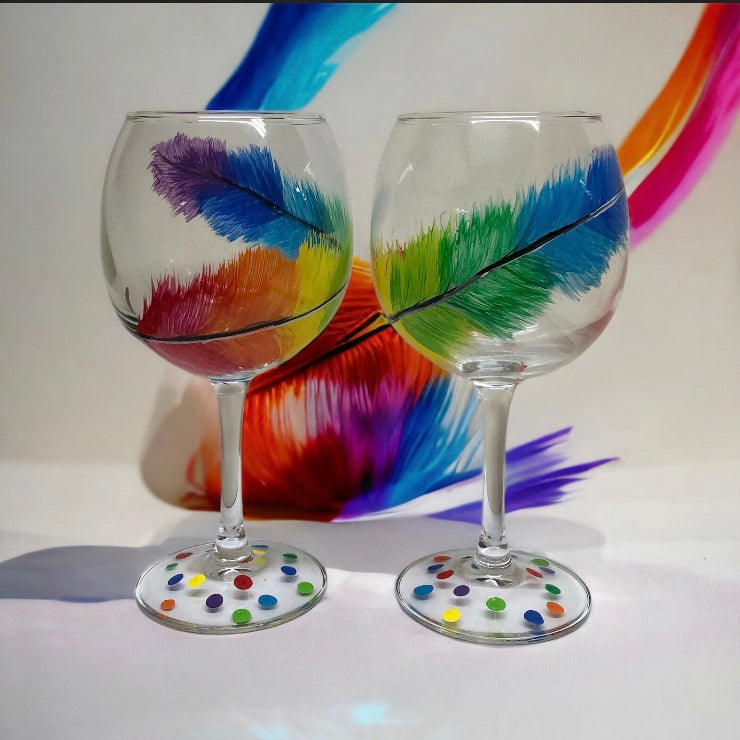 Rainbow Feathers Painted Wine Glasses (Set of 2)