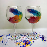 Rainbow Feathers Painted Wine Glasses (Set of 2)