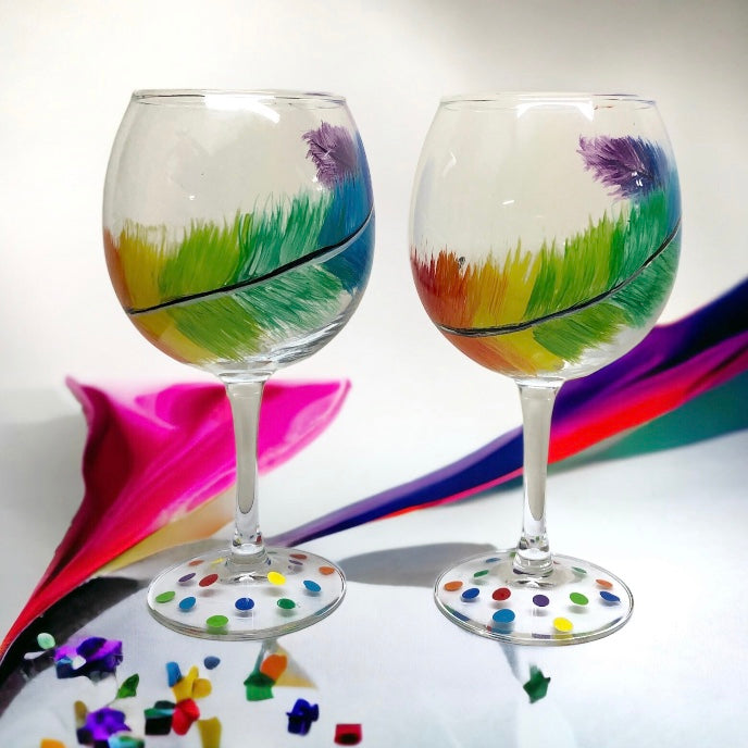 Rainbow Feathers Painted Wine Glasses (Set of 2)