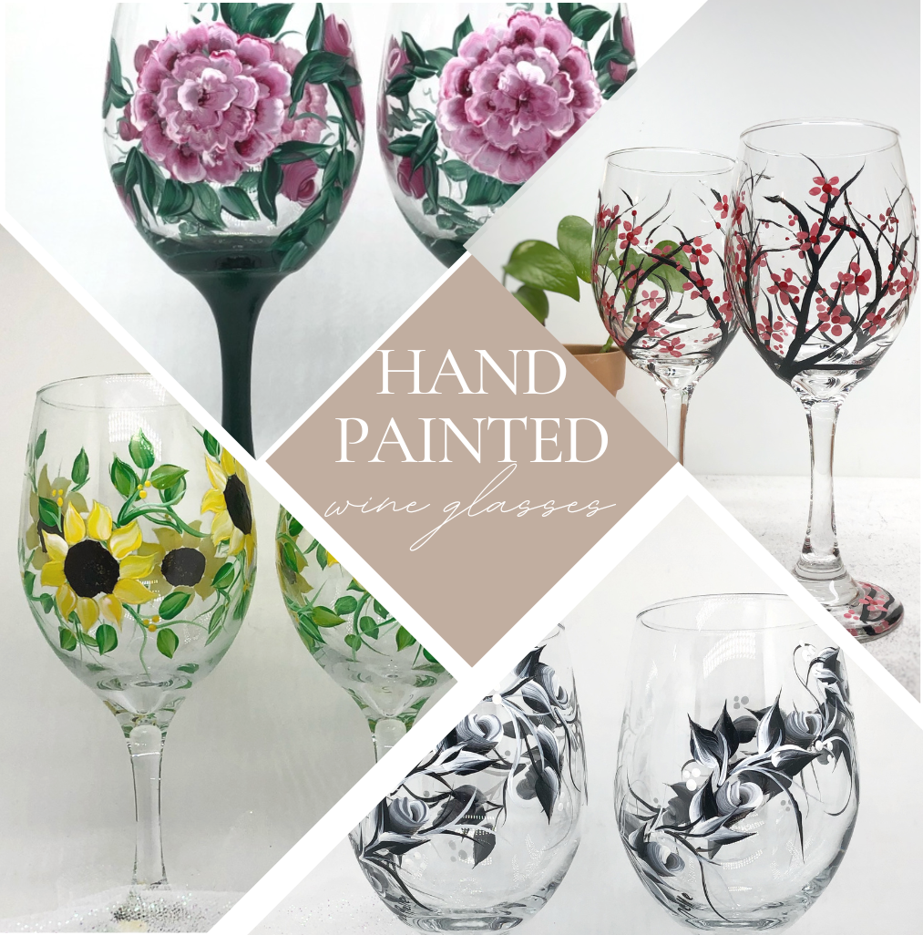 Hand Painted Cherry Blossom Stemless Wine Glass (Single Glass)