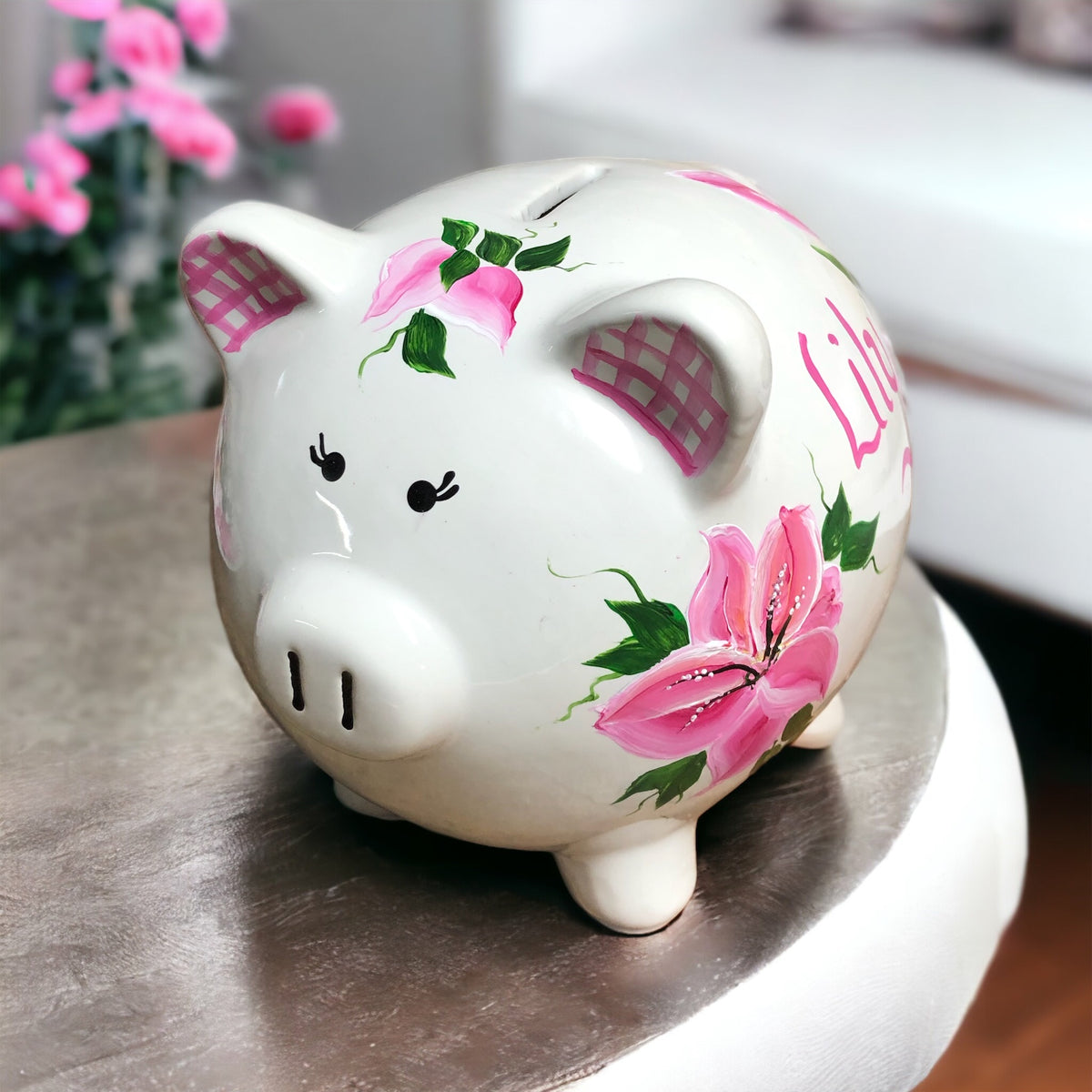 Personalized Pink Lilies Piggy Bank