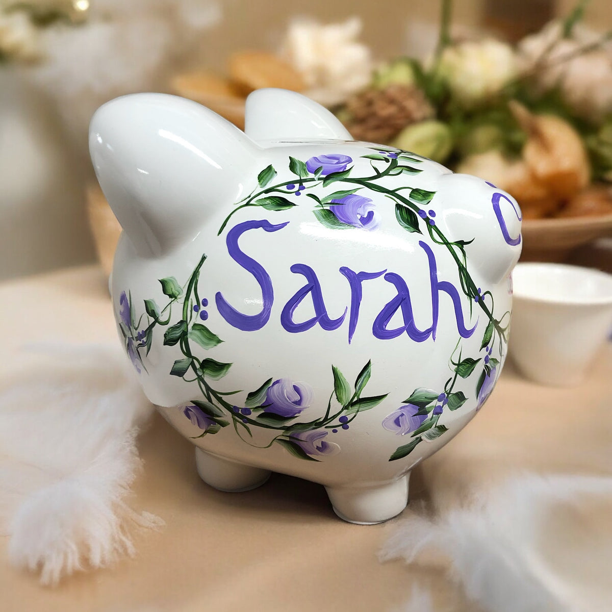 Personalized Lavender Rosebud Piggy Bank