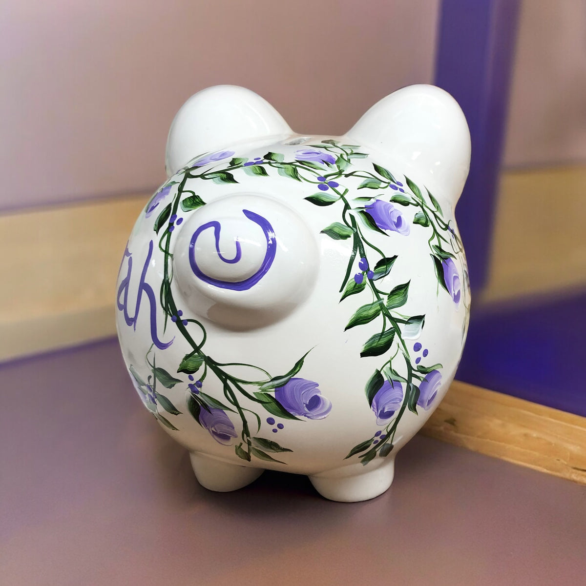 Personalized Lavender Rosebud Piggy Bank