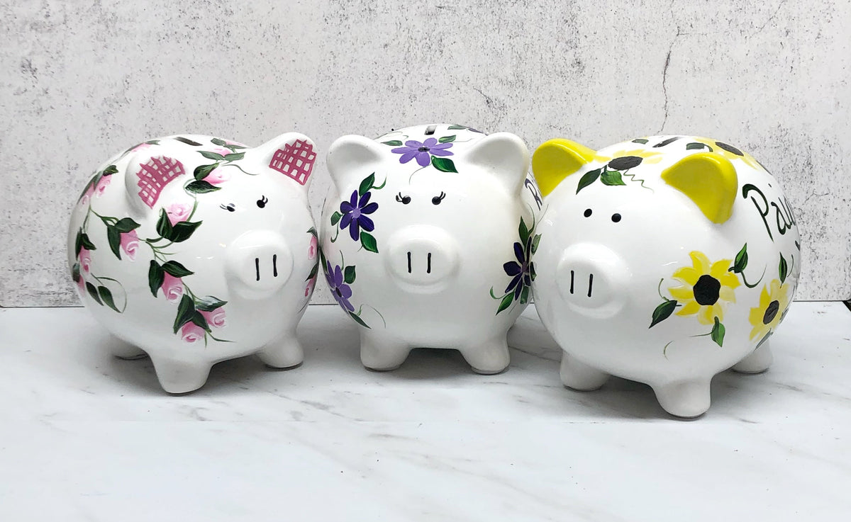 Personalized Pink & Yellow Floral Piggy Bank