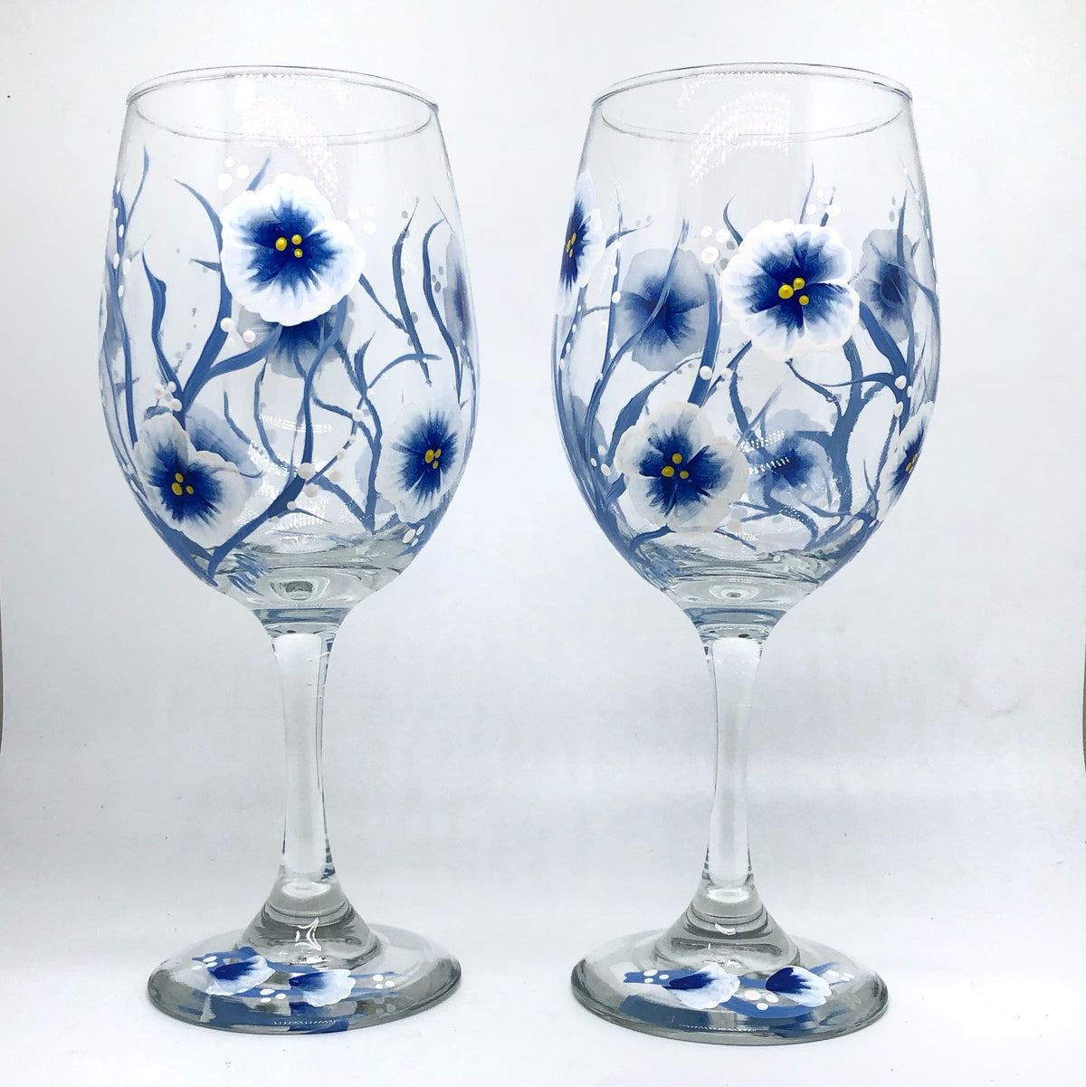 Hand Painted Wine Glasses - Blue and White Flowers (Set of 2)