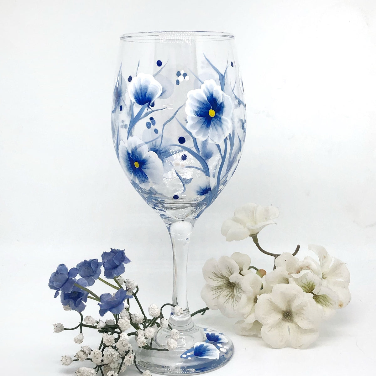 Blue and White Floral Hand Painted Wine Glass