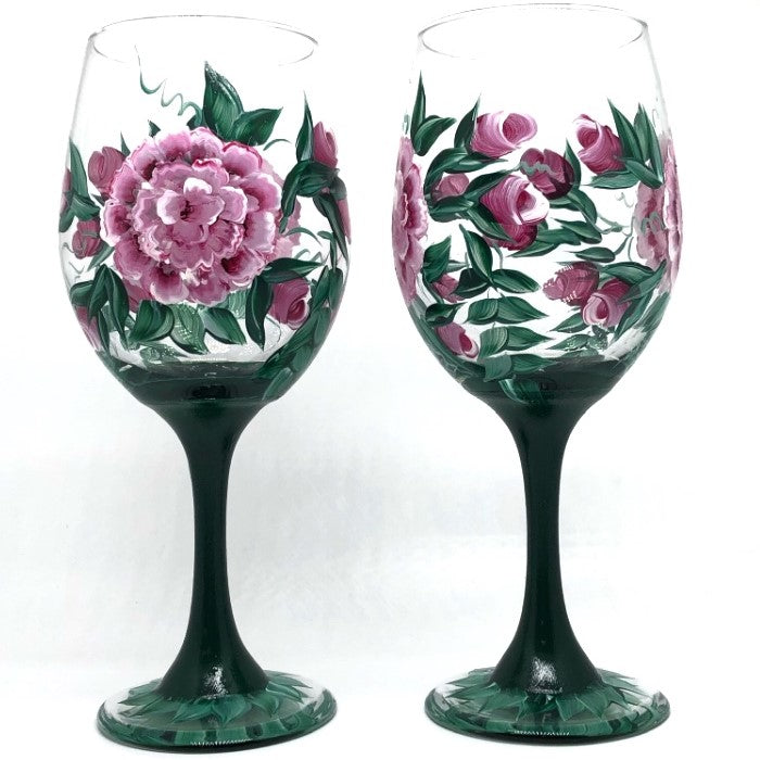 Hand Painted Pink Cabbage Rose Wine Glasses (Set of 2)