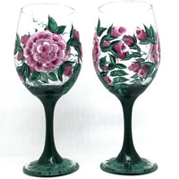Hand Painted Pink Cabbage Rose Wine Glasses (Set of 2)