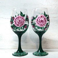 Hand Painted Pink Cabbage Rose Wine Glasses (Set of 2)