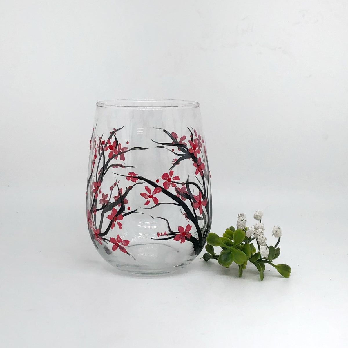 Hand Painted Cherry Blossom Stemless Wine Glass (Single Glass)