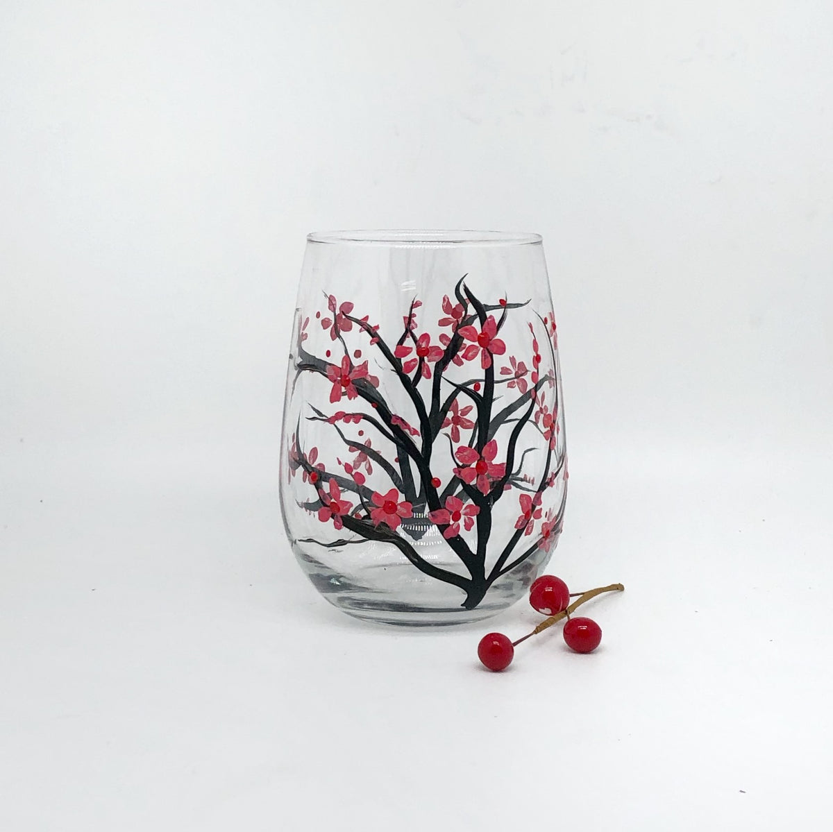 Hand Painted Cherry Blossom Stemless Wine Glass (Single Glass)