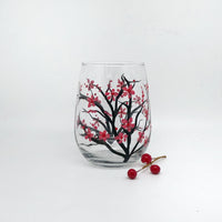 Hand Painted Cherry Blossom Stemless Wine Glass (Single Glass)
