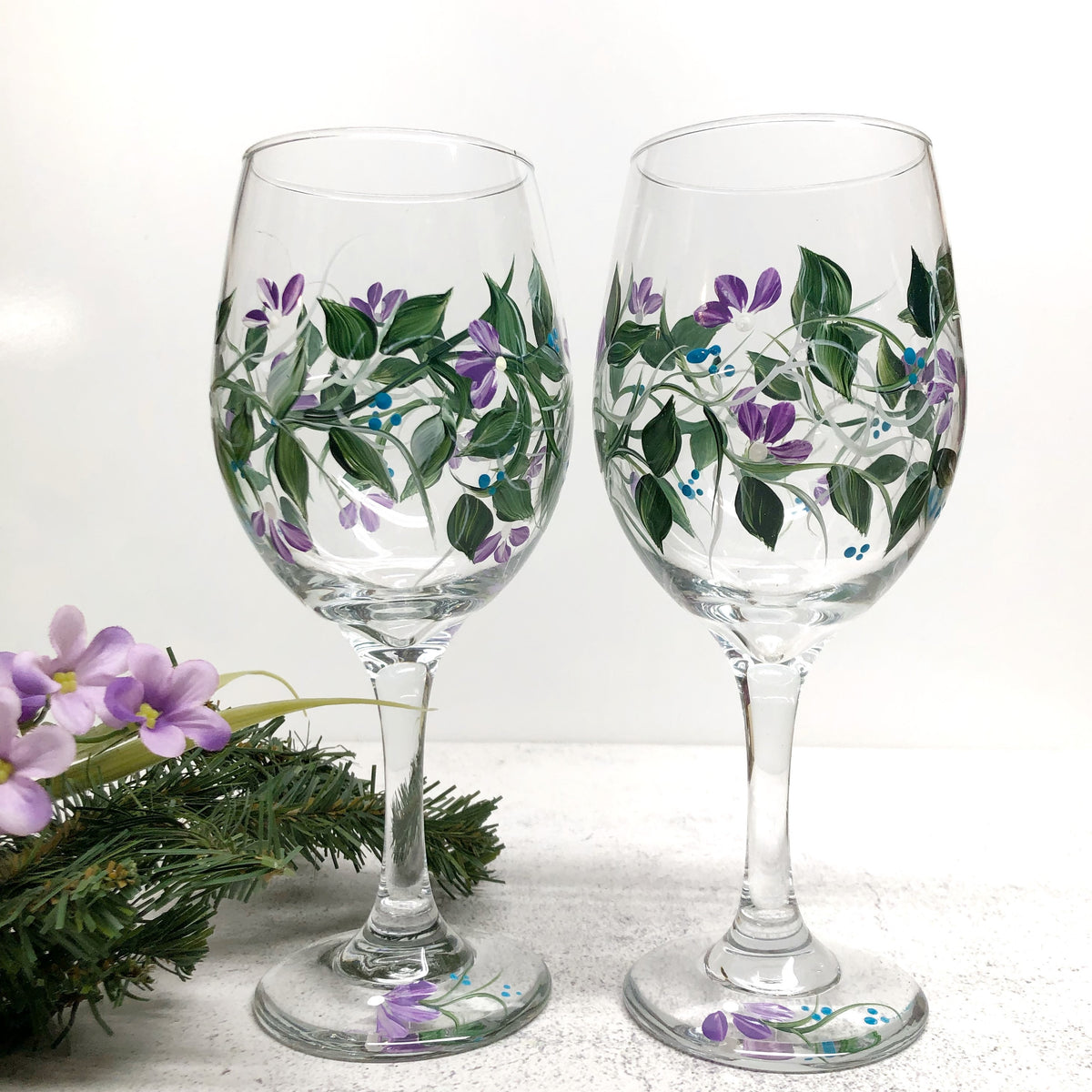 Hand Painted Blue & Lavender Floral Wine Glasses (Set of 2)