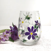 Purple and White Daisy Stemless Wine Glass (Single Glass)