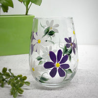 Purple and White Daisy Stemless Wine Glass (Single Glass)