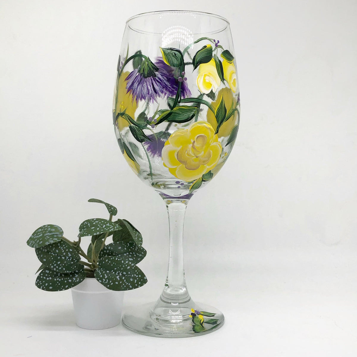 Yellow Roses with Lavender Flowers Wine Glass (Single Glass)