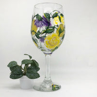 Yellow Roses with Lavender Flowers Wine Glass (Single Glass)