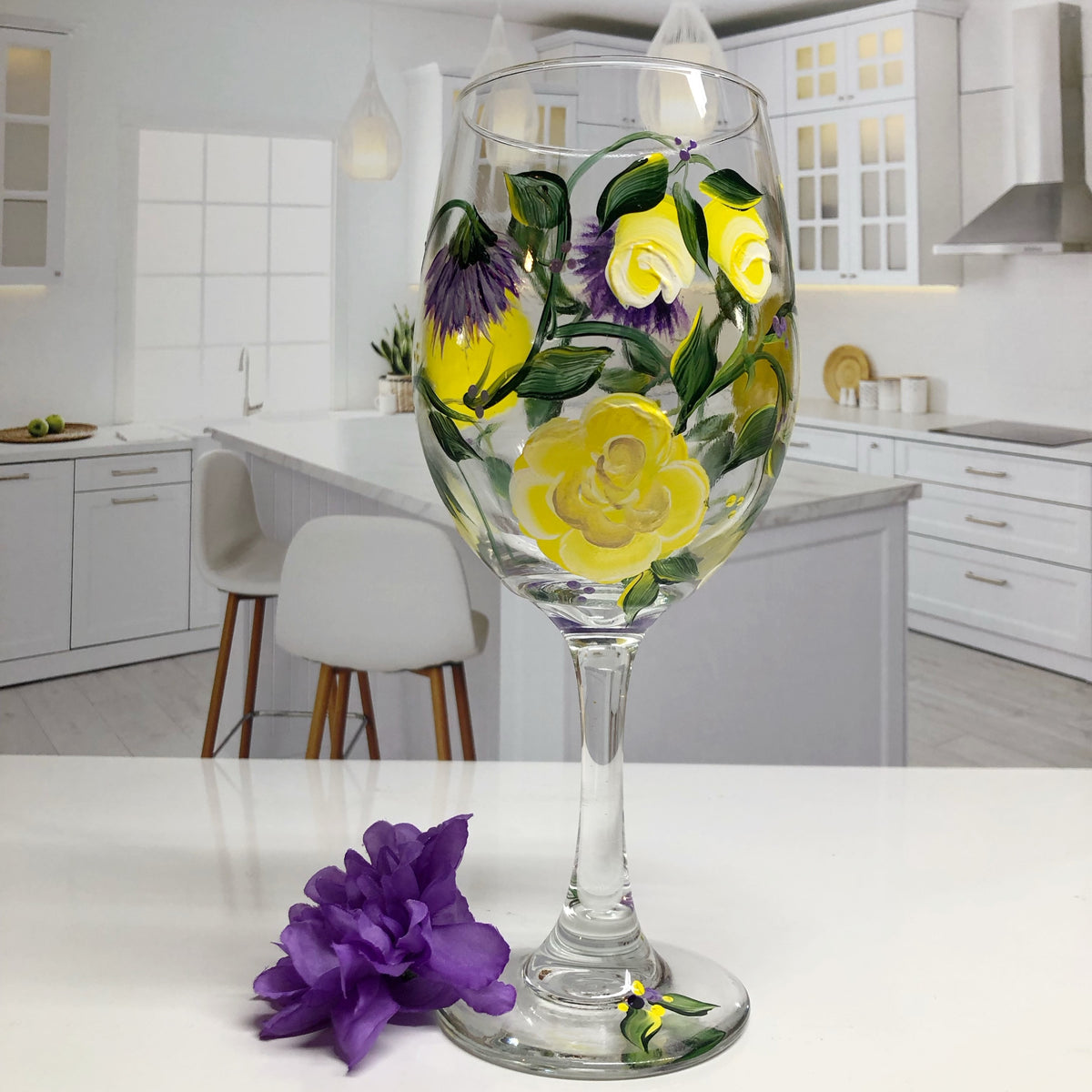 Yellow Roses with Lavender Flowers Wine Glass (Single Glass)