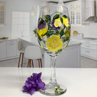 Yellow Roses with Lavender Flowers Wine Glass (Single Glass)