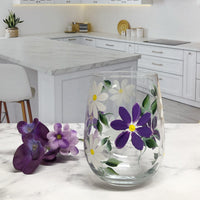 Purple and White Daisy Stemless Wine Glass (Single Glass)