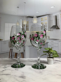 Hand Painted Wine Glasses - Pink Rosebuds Swirl (Set of 2)