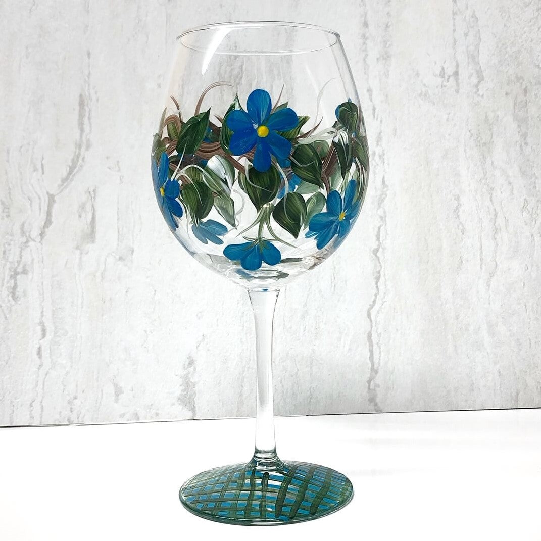 Hand Painted Blue Floral Wine Glass - (Single Glass) READY TO SHIP