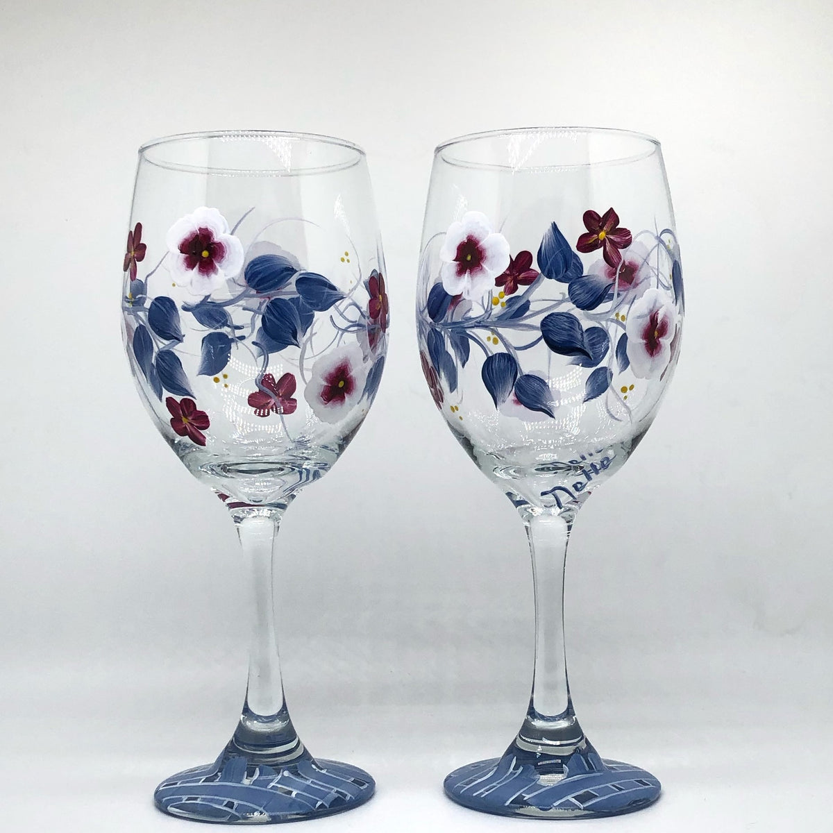 Hand Painted Blue & Burgundy Wine Glasses (Set of 2)