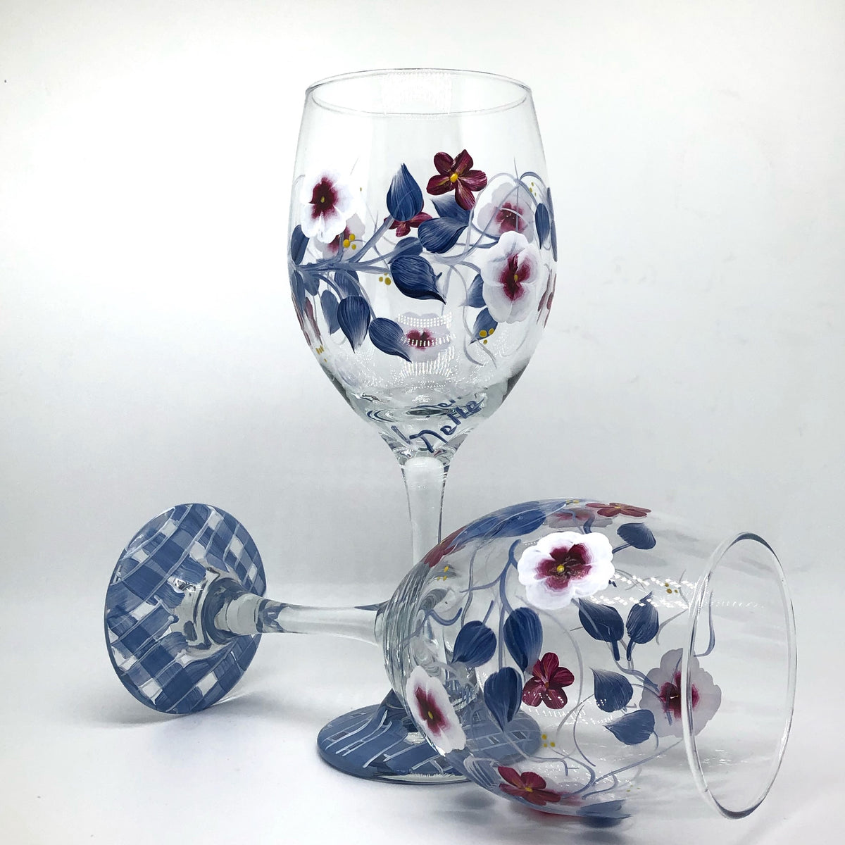 Hand Painted Blue & Burgundy Wine Glasses (Set of 2)