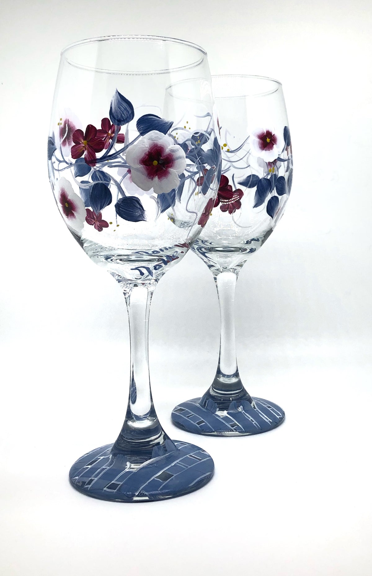 Hand Painted Blue & Burgundy Wine Glasses (Set of 2)