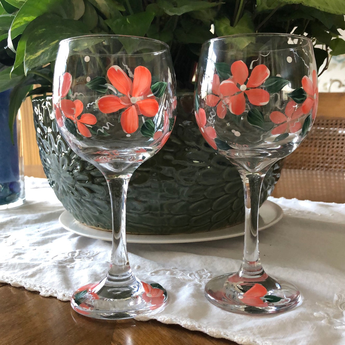 Painted Coral Floral Wine Glasses (Set of 2) READY TO SHIP