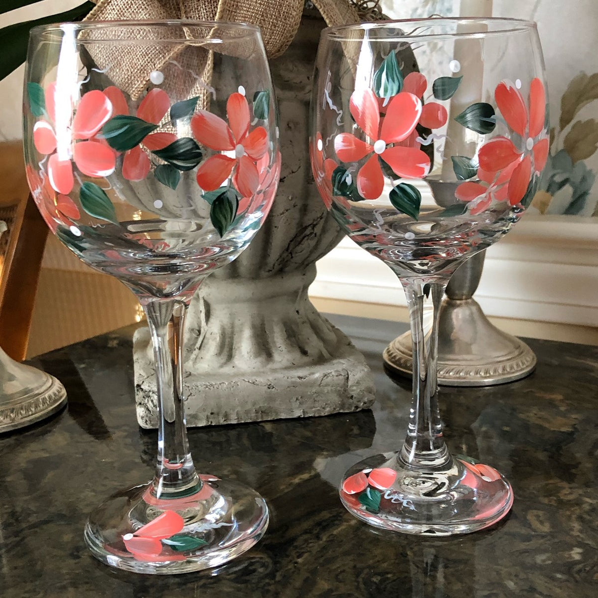 Painted Coral Floral Wine Glasses (Set of 2) READY TO SHIP