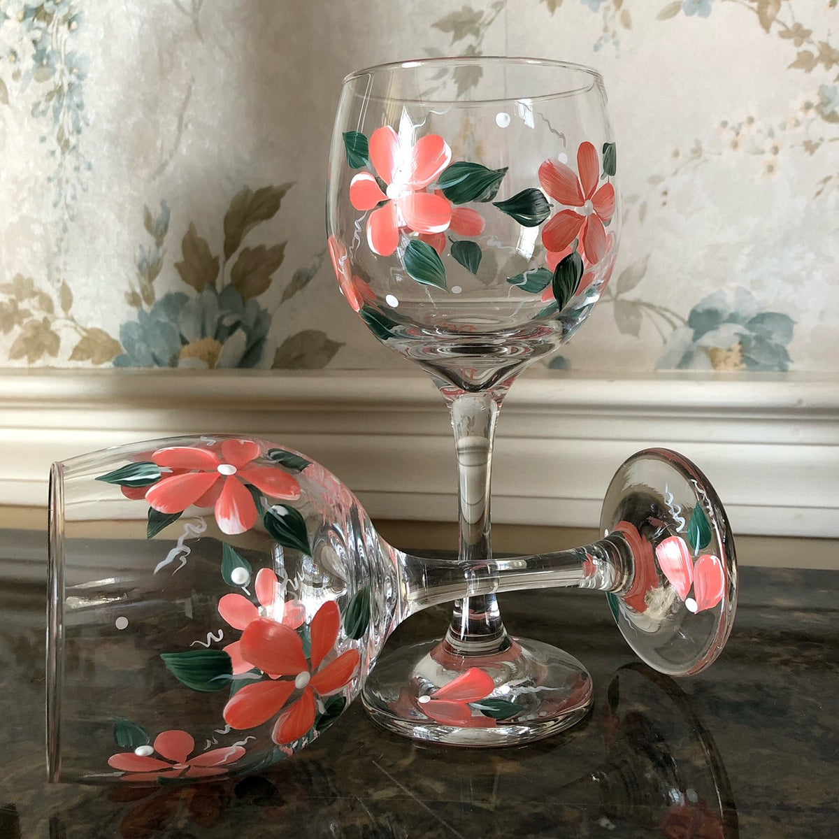 Painted Coral Floral Wine Glasses (Set of 2) READY TO SHIP
