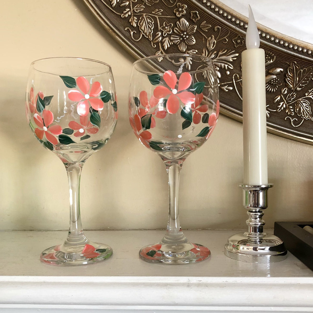 Painted Coral Floral Wine Glasses (Set of 2) READY TO SHIP