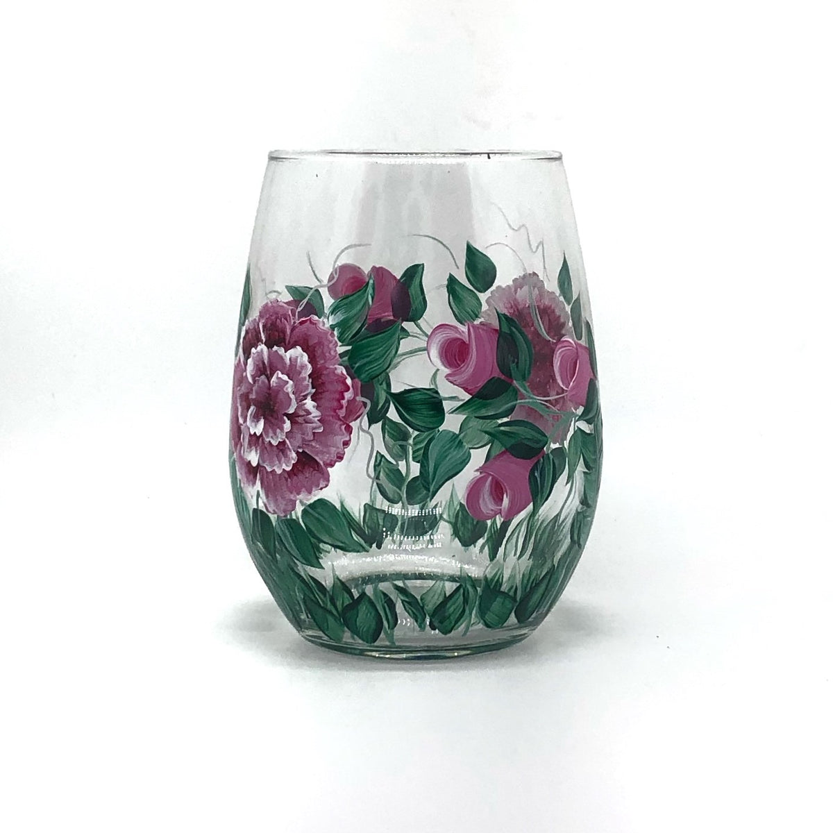 Hand Painted Pink Cabbage Rose Wine Glasses (Set of 2)