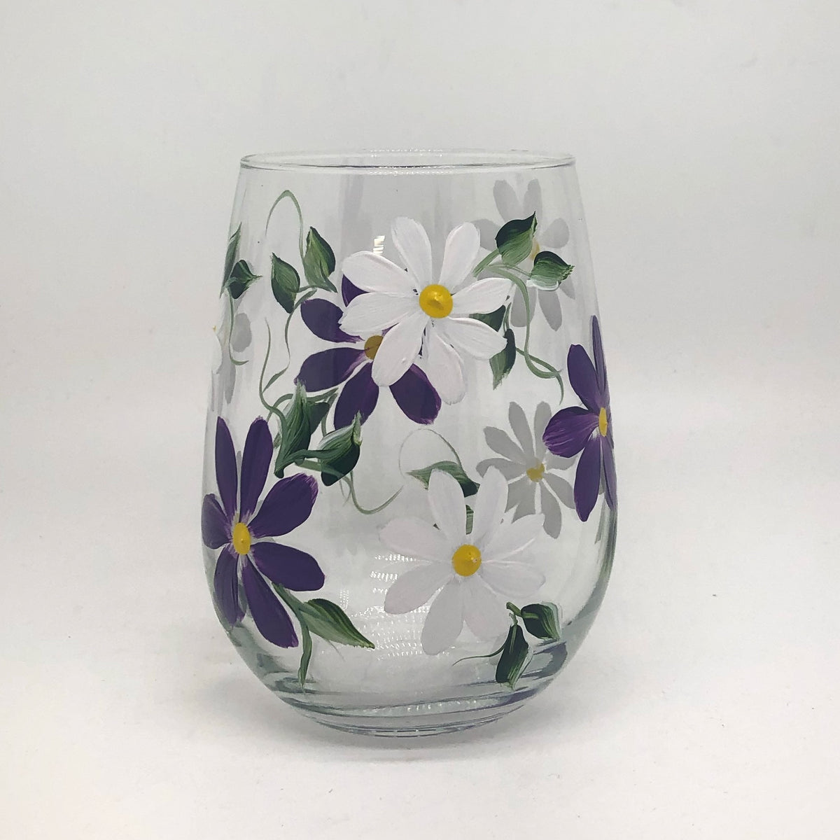 Purple and White Daisy Stemless Wine Glass (Single Glass)