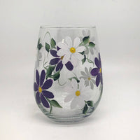 Purple and White Daisy Stemless Wine Glass (Single Glass)