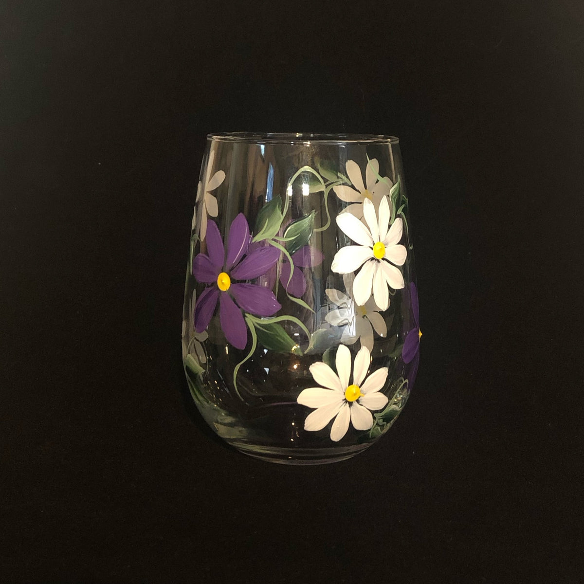 Purple and White Daisy Stemless Wine Glass (Single Glass)