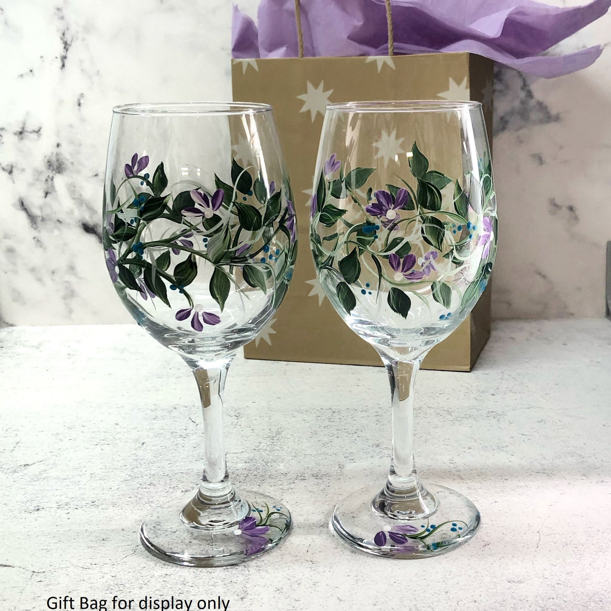 Hand Painted Blue & Lavender Floral Wine Glasses (Set of 2)