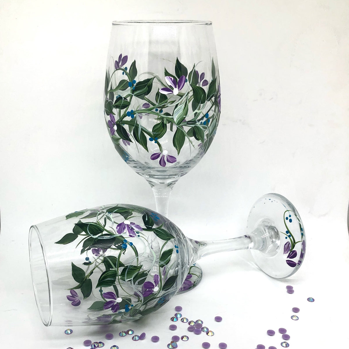 Hand Painted Blue & Lavender Floral Wine Glasses (Set of 2)
